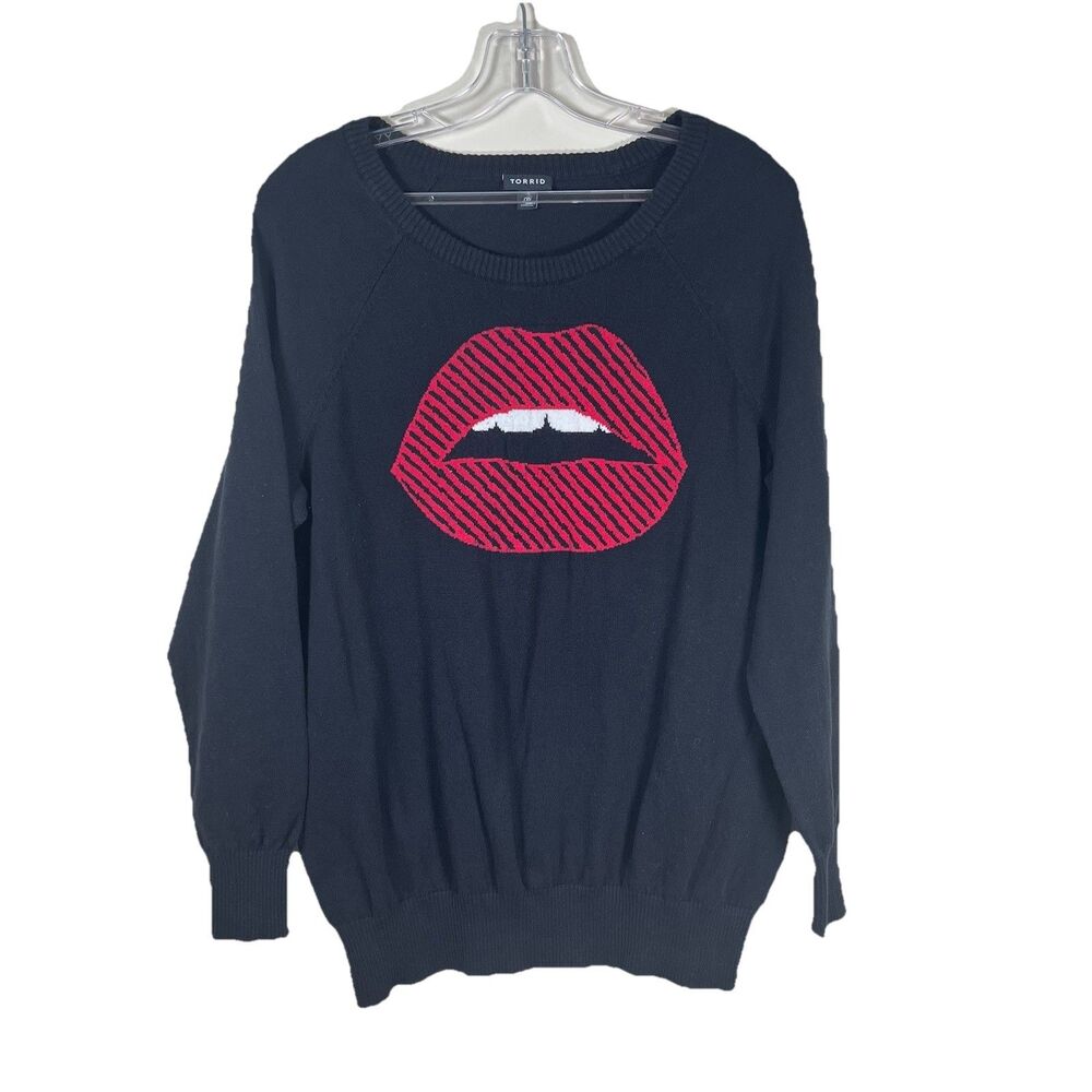 Torrid Size 0 Cotton Pullover Lip Print Raglan Sweater Black Red Pullover Sz 0X